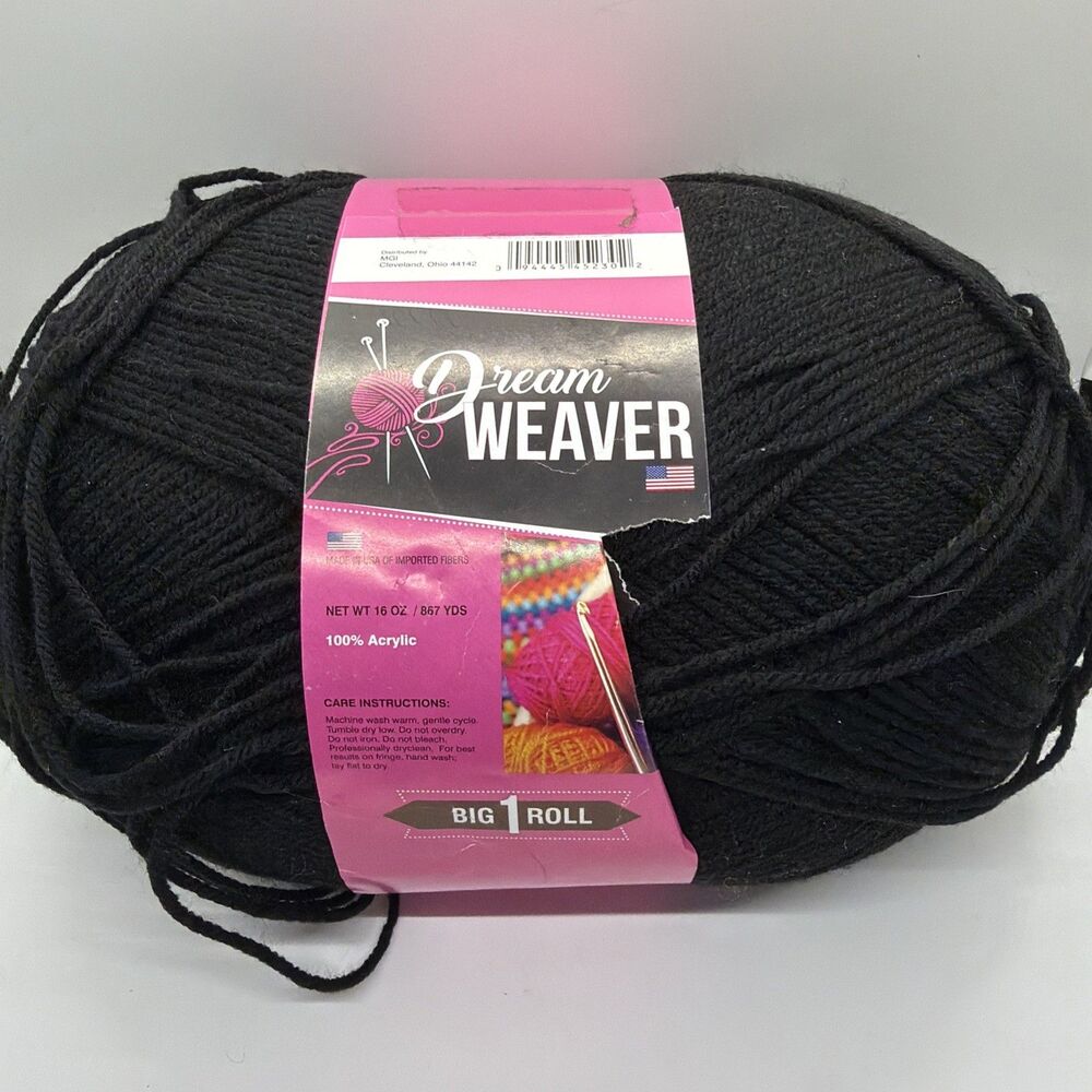 Standard Black Worsted Yarn Big Roll Dream Weaver Made in USA Acrylic-867 Yards